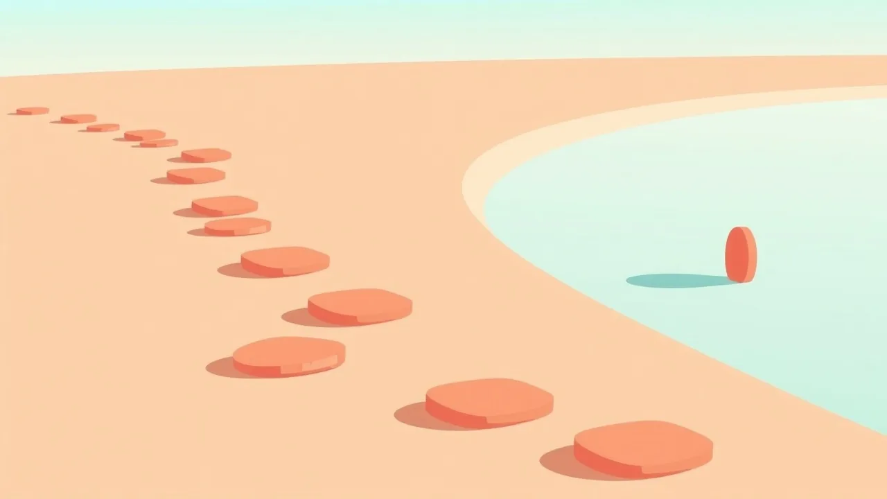 Illustration éditoriale : une rangée de petits jalons corail espacés régulièrement sur un chemin clair, contre un seul grand jalon isolé posé à l'écart, sur fond crème et lagon