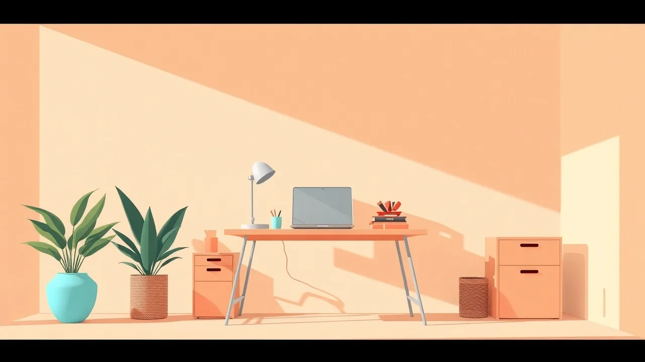 Illustration éditoriale abstraite d'un petit bureau individuel avec un ordinateur portable stylisé, entouré d'espace négatif crème et d'un halo bleu lagon