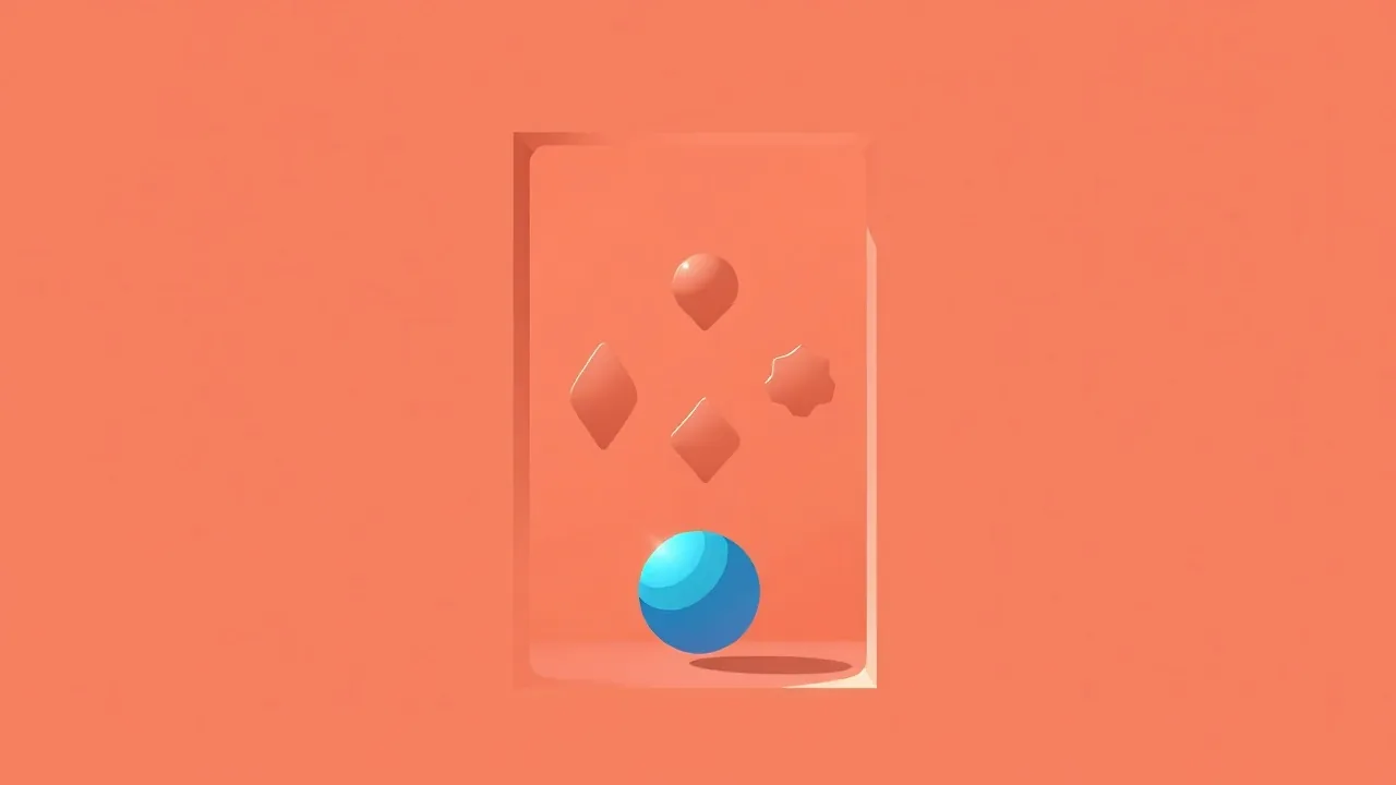 Illustration éditoriale abstraite : une porte corail entrouverte laissant voir huit petites formes géométriques alignées, dont une isolée en bleu lagon