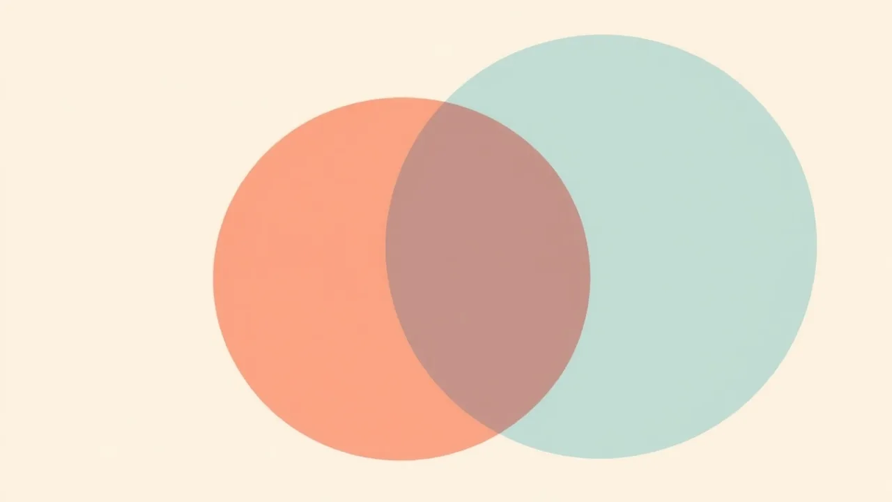 Illustration éditoriale abstraite de deux grands cercles qui se chevauchent, l'un corail et l'autre bleu lagon, sur fond crème clair