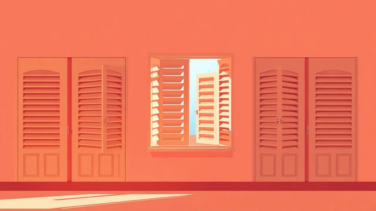 Illustration éditoriale : une rangée de petits guichets corail, la plupart aux volets fermés, un seul ouvert et éclairé d'une lumière chaude