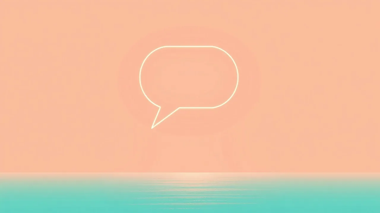 Illustration éditoriale abstraite d'une bulle de dialogue en contour lumineux corail, flottant au-dessus d'un horizon dégradé bleu lagon