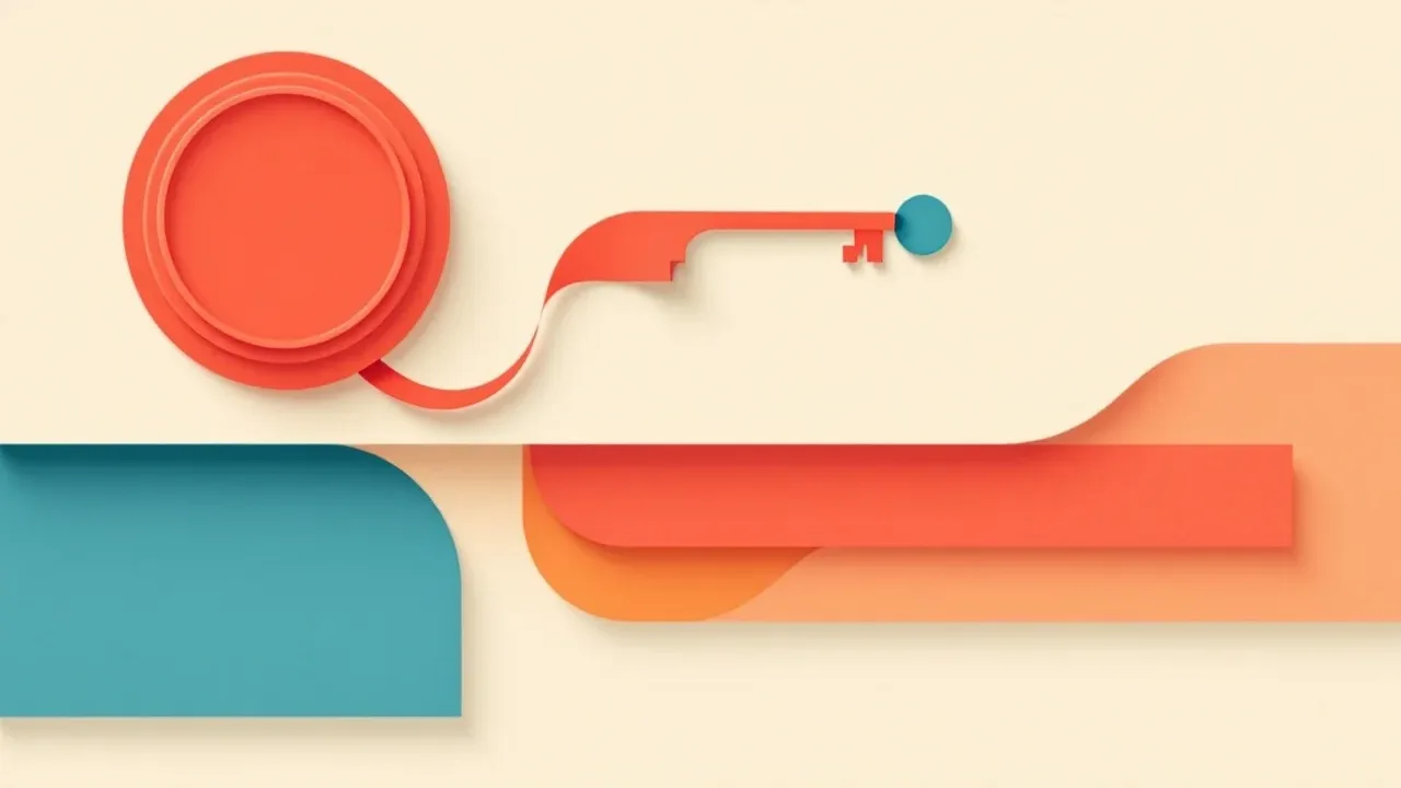 Illustration abstraite : un médaillon corail relié par un ruban à une clé stylisée, au-dessus de bandeaux superposés sur fond crème