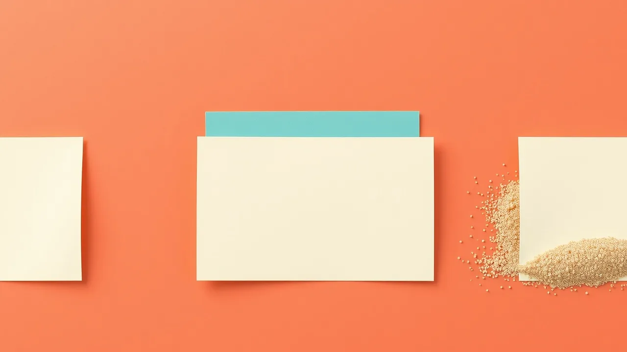 Illustration éditoriale abstraite : une rangée de fiches index corail bien alignées, la dernière se dissolvant doucement en grains de sable, sur un fond clair et aéré