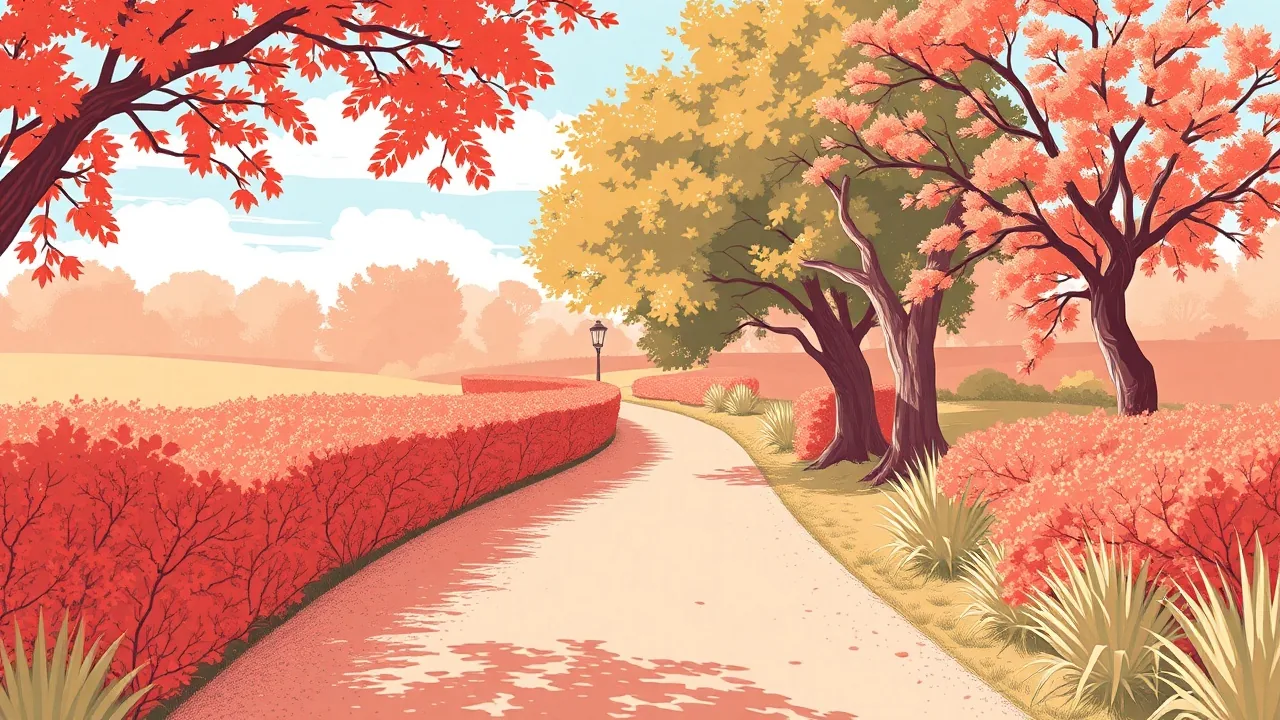 Illustration éditoriale : un chemin de jardin qui se sépare en deux, une allée bordée d'une haie taillée corail et un sentier ouvert vers un champ baigné de lumière, ciel bleu lagon en fond