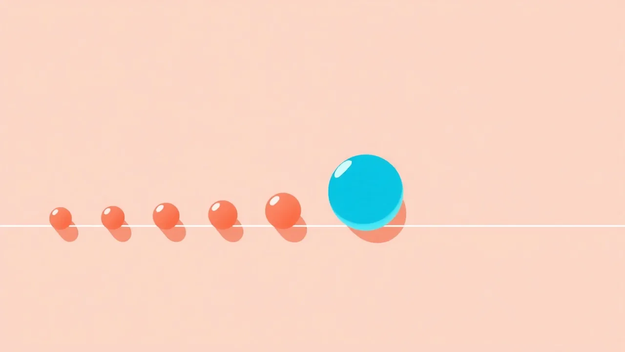 Illustration éditoriale abstraite : une rangée de petits cercles corail de tailles croissantes posés sur une ligne fine, comme un curseur de mesure, avec un repère bleu lagon sur l'un des cercles du milieu