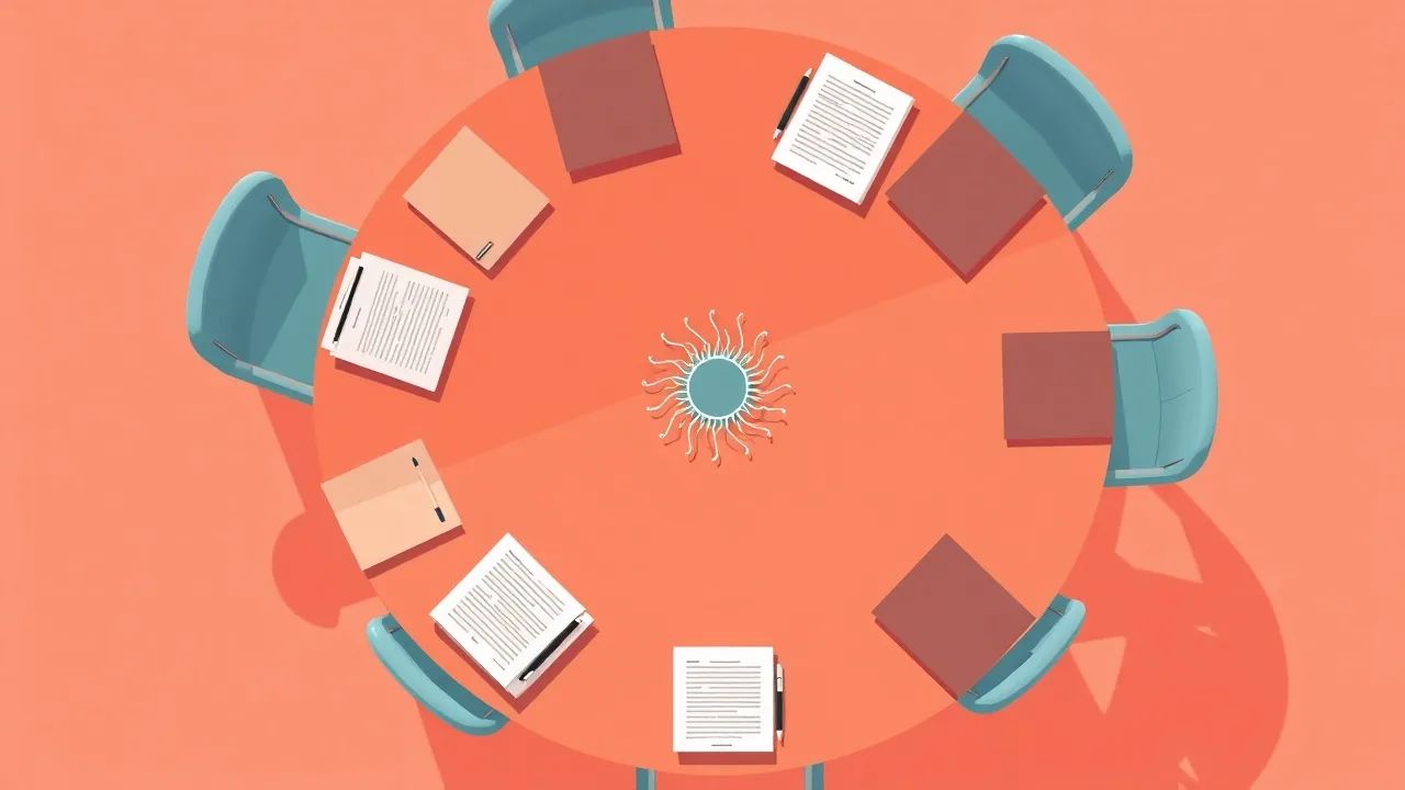 Illustration éditoriale : une table ronde corail vue de dessus, entourée de documents pliés et reliée par un fil bleu lagon à un petit motif de circuits abstrait posé au centre