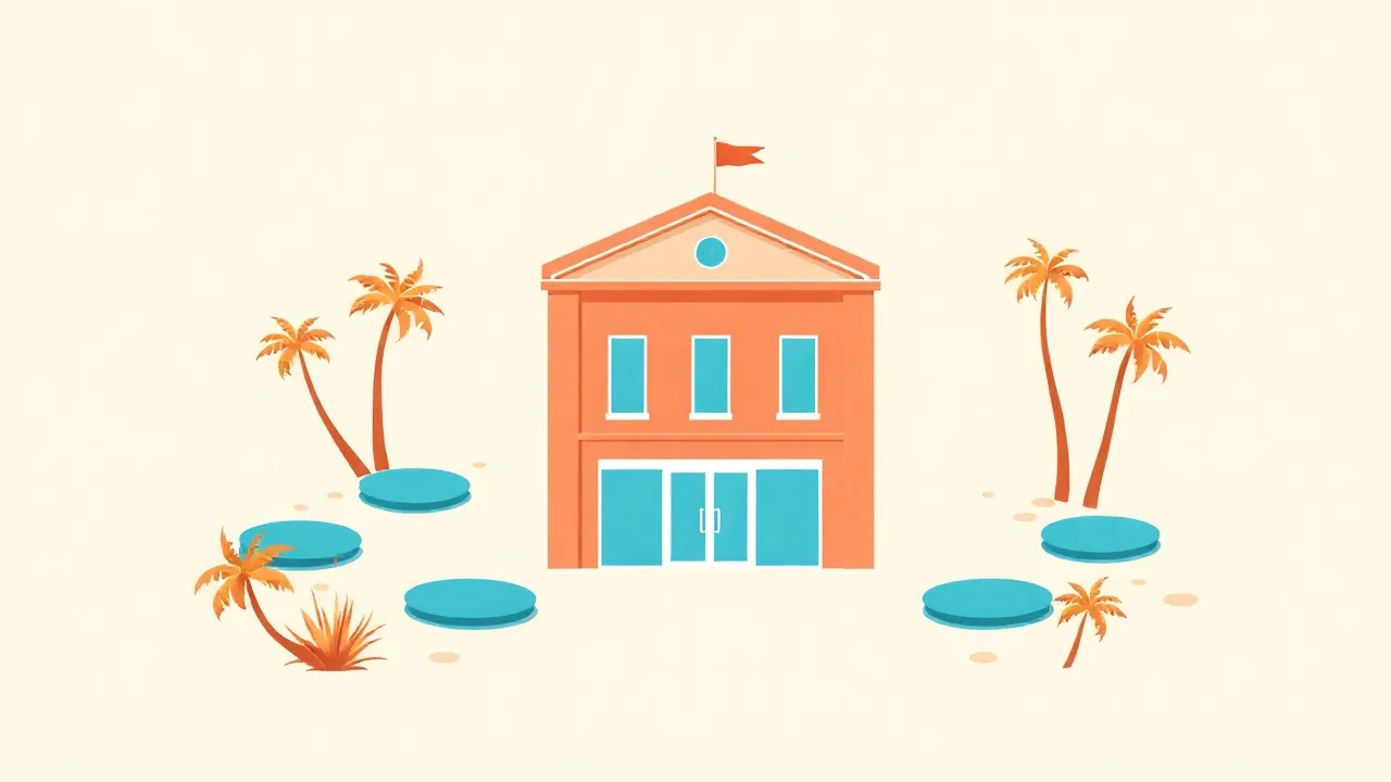 Illustration éditoriale abstraite d'un petit bâtiment institutionnel aux lignes corail, entouré de plusieurs repères bleu lagon disposés en cercle sur fond crème