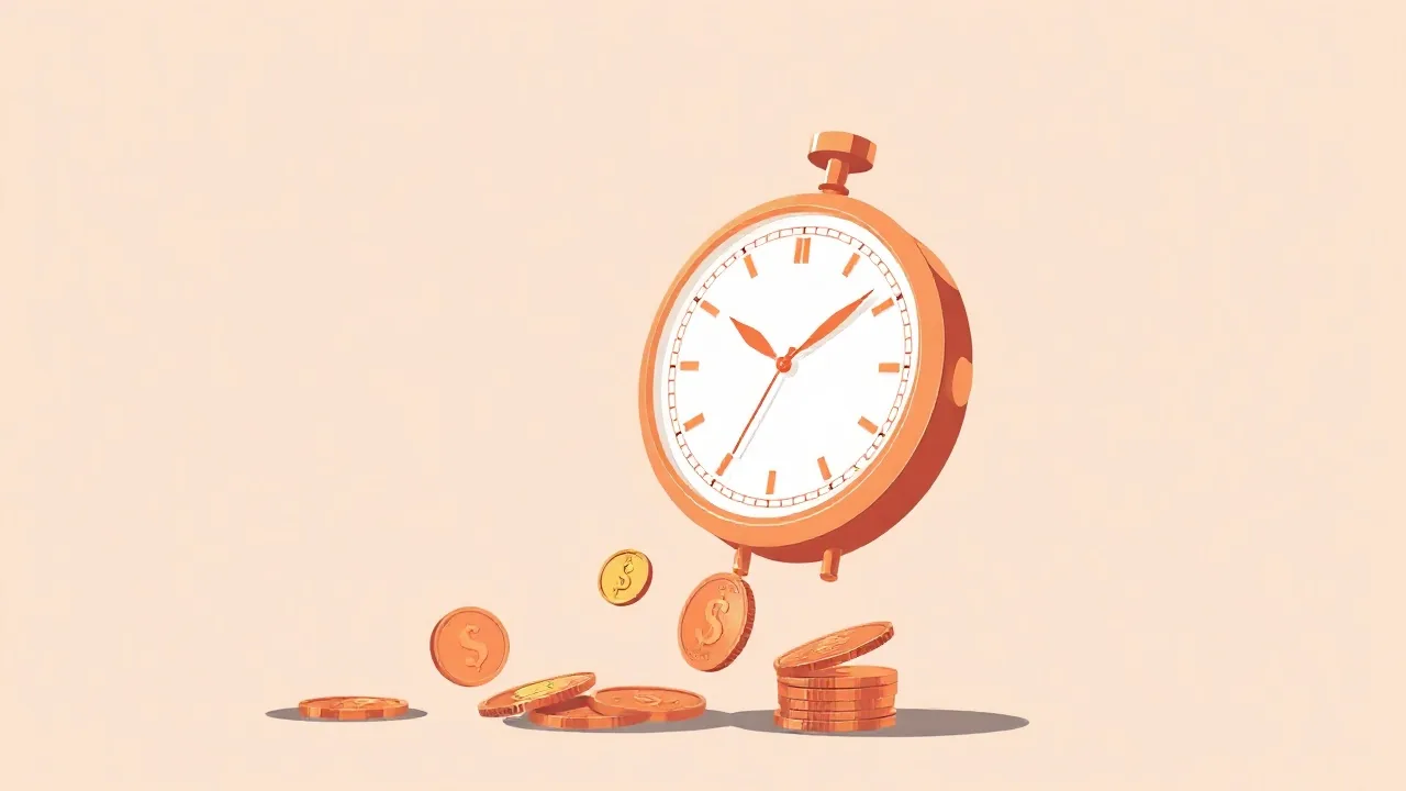 Illustration éditoriale : une horloge stylisée corail dont le cadran se prolonge en pièces de monnaie qui s'effacent progressivement, sur fond clair