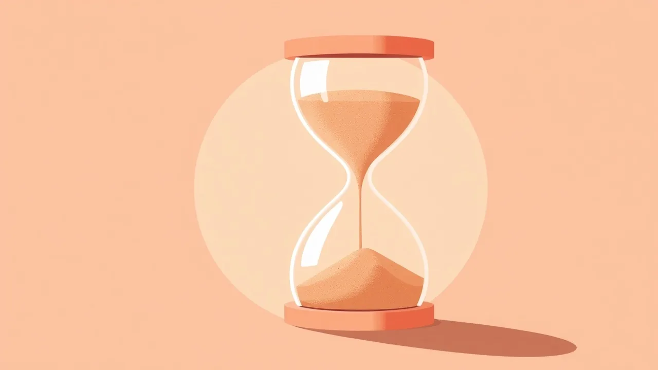 Illustration éditoriale : un sablier abstrait aux formes arrondies, sable dégradé sans chiffre ni cadran, posé sur un fond corail, évoquant une attente incertaine
