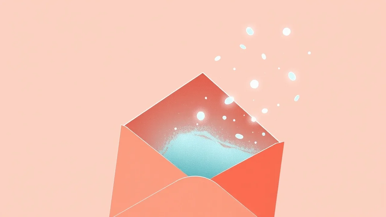 Illustration éditoriale : une enveloppe corail entrouverte laisse échapper des particules de lumière bleu lagon sur un fond clair et ensoleillé