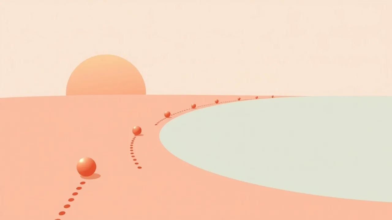 Illustration abstraite d'un chemin en pointillés corail aux espacements irréguliers qui s'étire vers l'horizon sur un fond crème ensoleillé