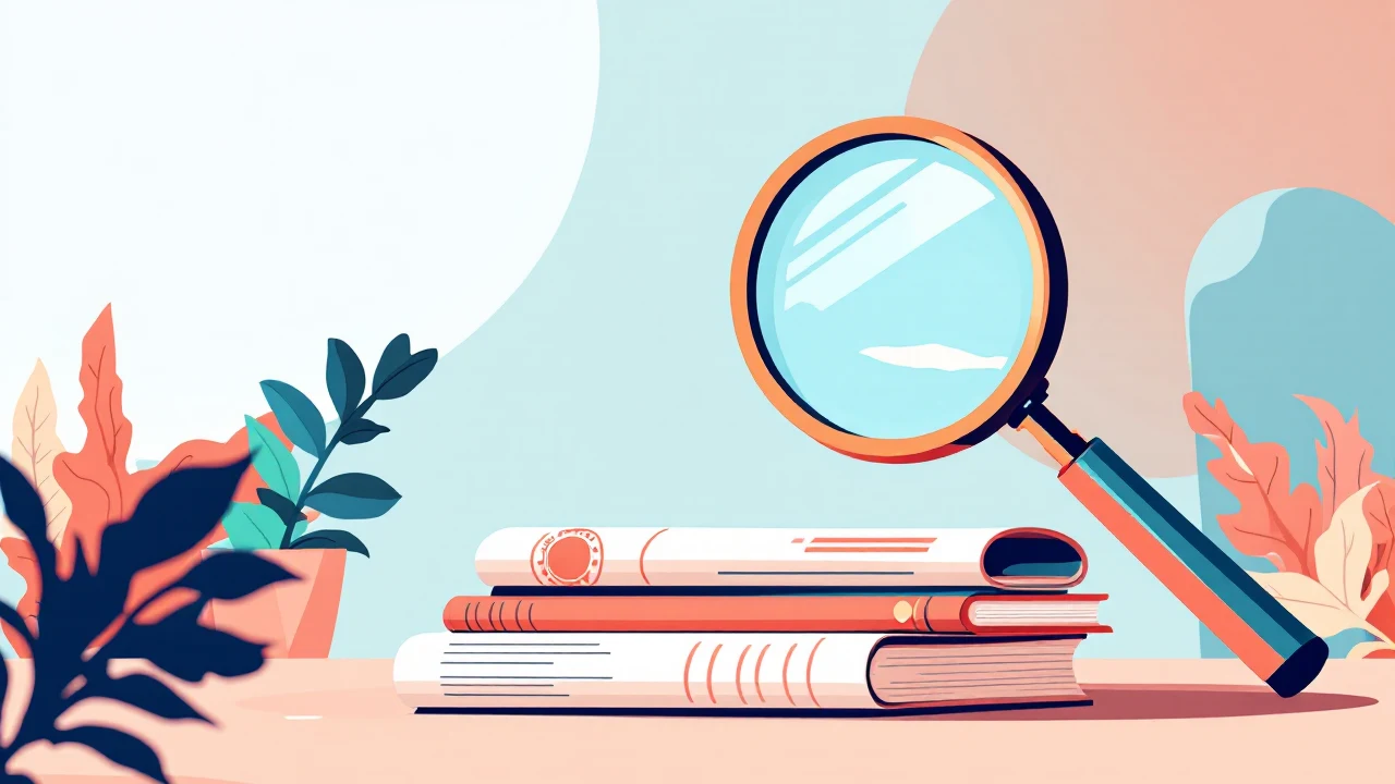 Illustration éditoriale : une loupe corail posée sur un document ouvert, entourée de dossiers empilés en arrière-plan clair