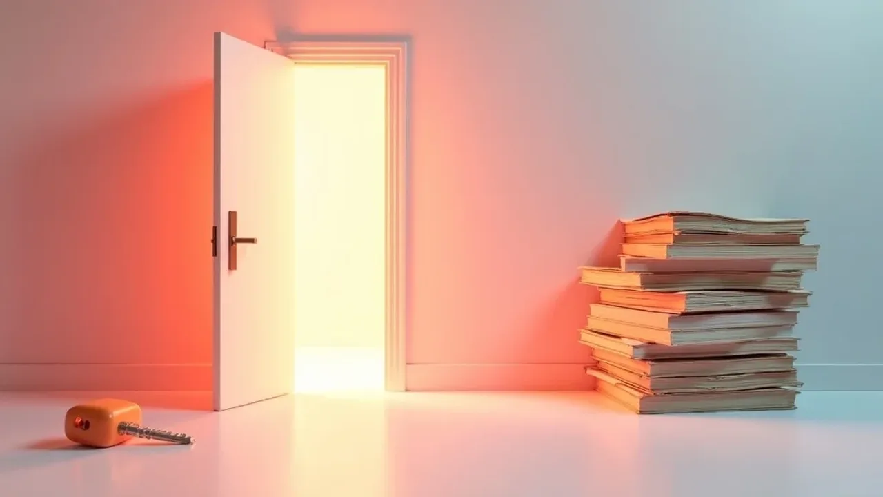 Illustration éditoriale : une clé corail lumineuse posée devant une porte entrouverte, à côté d'une pile de dossiers fermés en arrière-plan