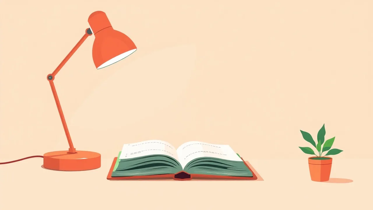 Illustration éditoriale : une lampe de bureau corail éclairant un carnet ouvert vierge, une petite plante posée à côté, sur un fond clair et épuré