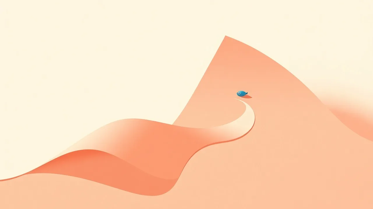Illustration éditoriale : un chemin corail sinueux sur une carte pliée abstraite, qui s'interrompt juste avant un petit repère bleu lagon au loin