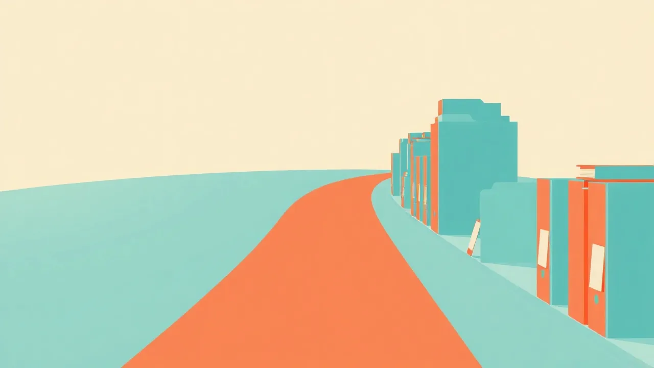 Illustration éditoriale : un chemin corail court et lumineux qui se détache d'un second chemin plus long, encombré de silhouettes de dossiers empilés, sur un fond clair à touche bleu lagon