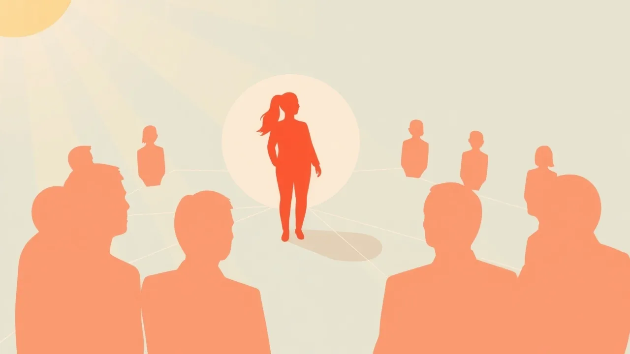 Illustration éditoriale : une silhouette corail au centre d'un cercle de silhouettes neutres plus petites, reliées par de fins traits bleu lagon