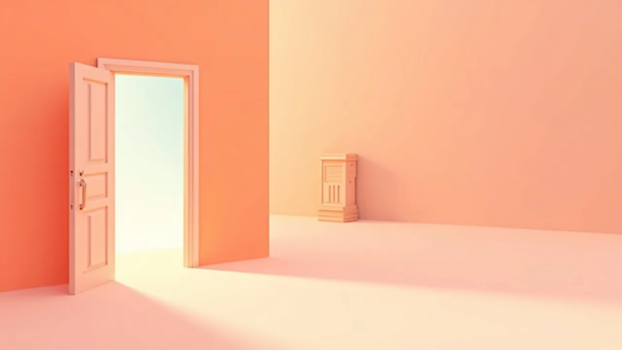Illustration éditoriale : une porte latérale corail entrouverte dans un mur clair, chemin direct vers la lumière, à côté d'un couloir de portes fermées en arrière-plan