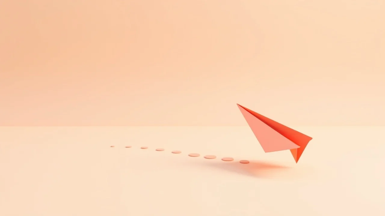 Illustration éditoriale : un petit avion en papier corail posé au bout d'une trajectoire en pointillés sur un fond clair et ensoleillé