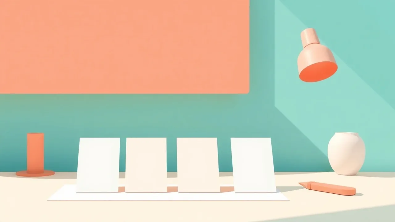 Illustration éditoriale : quatre fiches blanches de hauteurs légèrement différentes alignées sur un bureau clair, avec une lampe corail et un vase clair devant un mur bleu lagon, lumière chaude et douce
