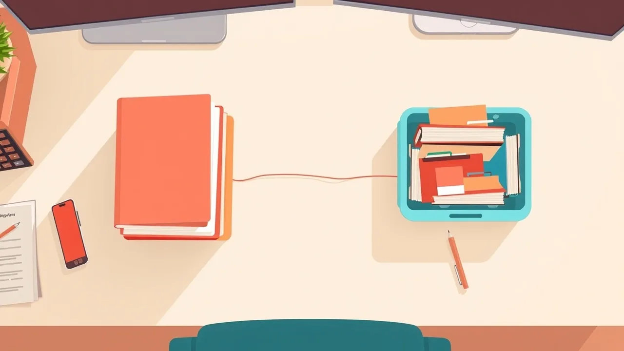 Illustration éditoriale : un bureau vu de dessus en dégradé corail, une pile de dossiers bien rangés à gauche et un plateau encore en désordre à droite, reliés par un fil bleu lagon