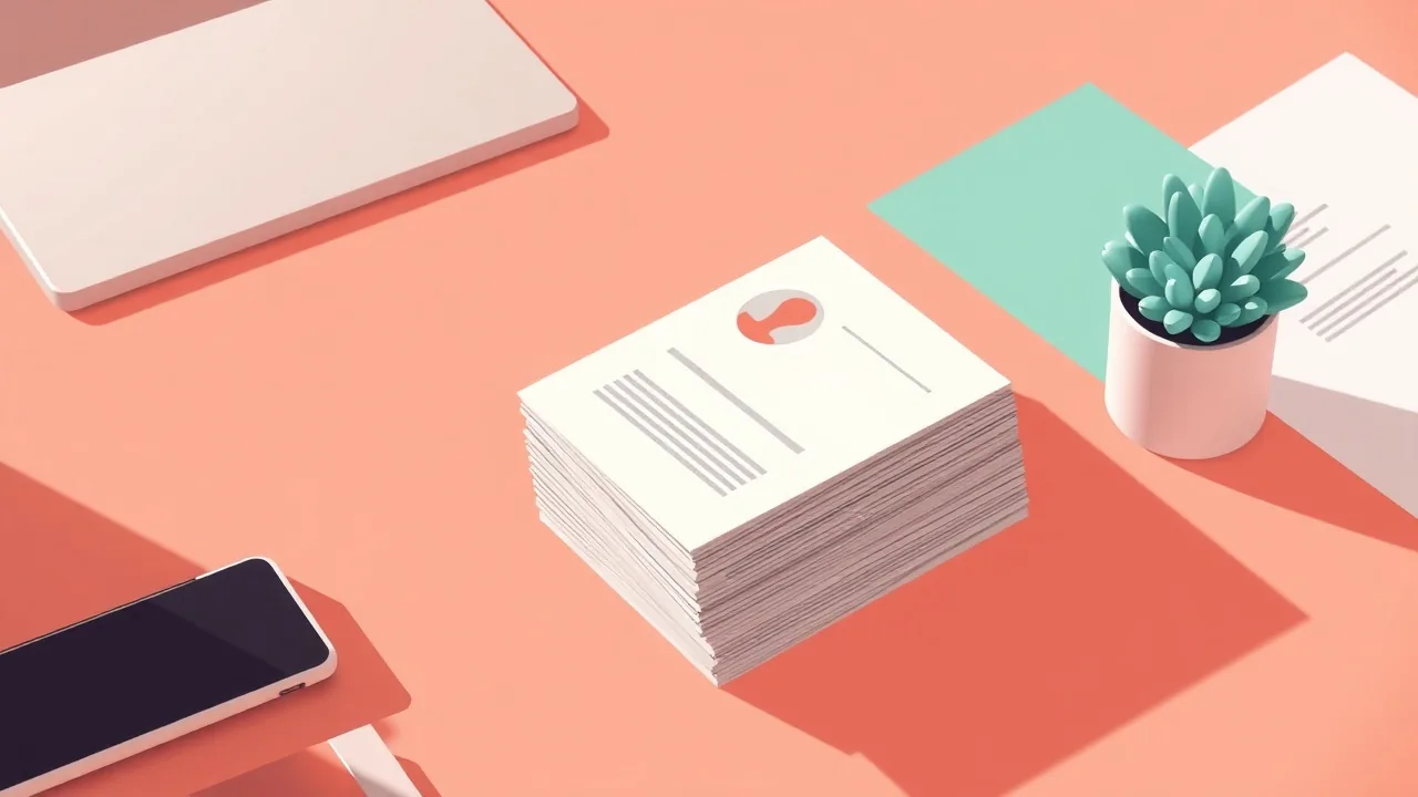 Illustration éditoriale : une pile de fiches de candidature stylisées en corail clair, l'une d'elles surlignée d'un trait bleu lagon, sur une table lumineuse