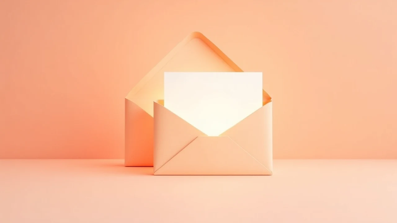 Illustration éditoriale : deux enveloppes corail posées côte à côte sur un bureau clair, l'une légèrement ouverte, sous une lumière chaude et douce