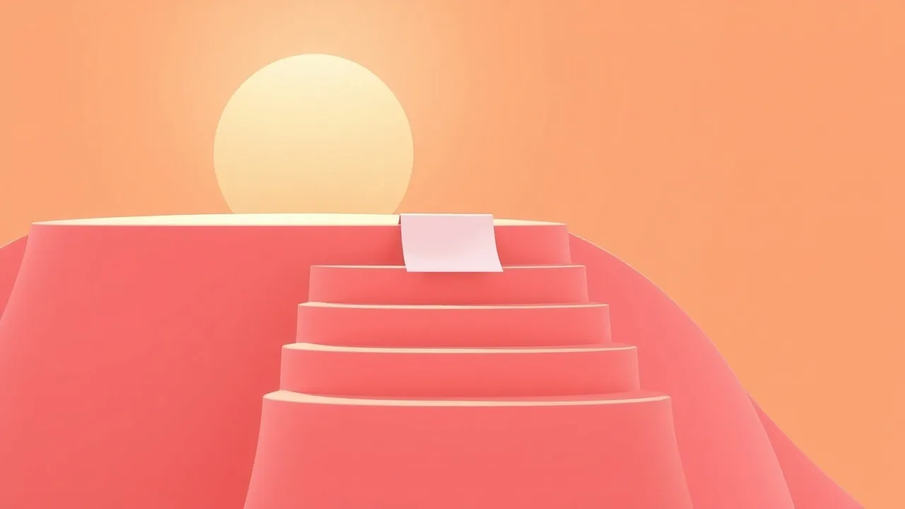 Illustration éditoriale : un chemin en marches arrondies de couleur corail montant vers un horizon lumineux, une simple feuille pliée posée sur la première marche