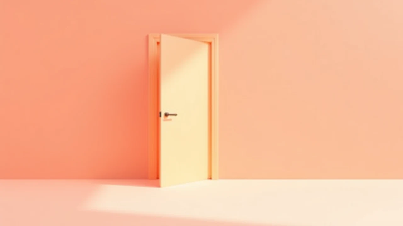 Illustration éditoriale abstraite : une porte entrouverte dans des teintes corail chaudes, laissant passer la lumière vers une pièce vide au sol neutre