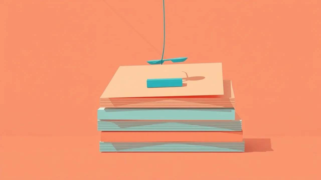 Illustration éditoriale abstraite : une pile de cartes rectangulaires corail pâle, l'une d'elles surélevée et reliée par un fil bleu lagon à une petite forme de balance flottante
