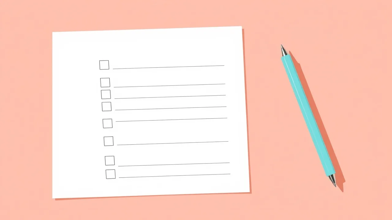 Illustration éditoriale : une liste à cocher corail posée sur un bureau clair, un stylo bleu lagon posé à côté, sans aucune mention de texte lisible