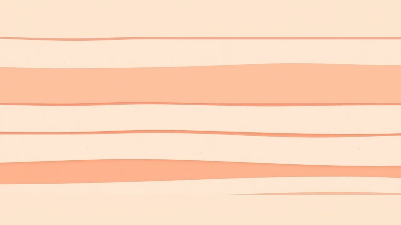 Illustration éditoriale abstraite : un document corail divisé en six bandes horizontales de largeurs différentes, comme des services d'une entreprise, sur un fond crème baigné de lumière chaude avec un accent bleu lagon