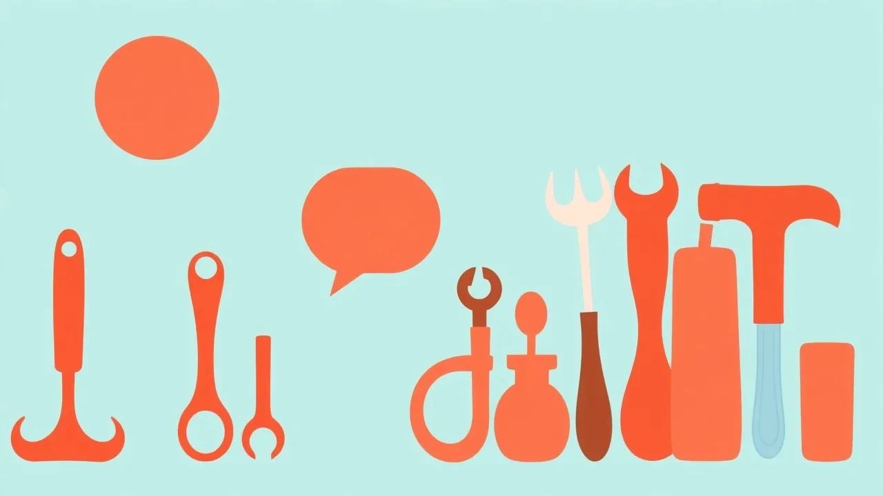 Illustration éditoriale : une bulle de dialogue corail isolée à côté d'un groupe de formes abstraites variées évoquant des outils, sur un fond clair à touche bleu lagon