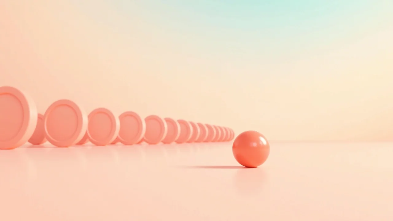 Illustration éditoriale : une rangée de jetons ronds corail, la plupart pâles et estompés, un seul pleinement lumineux au premier plan