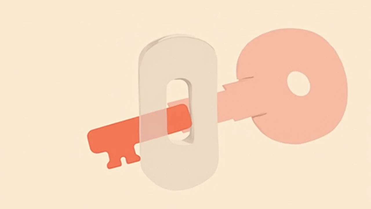 Illustration éditoriale abstraite : une pièce corail en forme de clé s'insère précisément dans un mécanisme neutre, sous une lumière chaude et un large espace vide