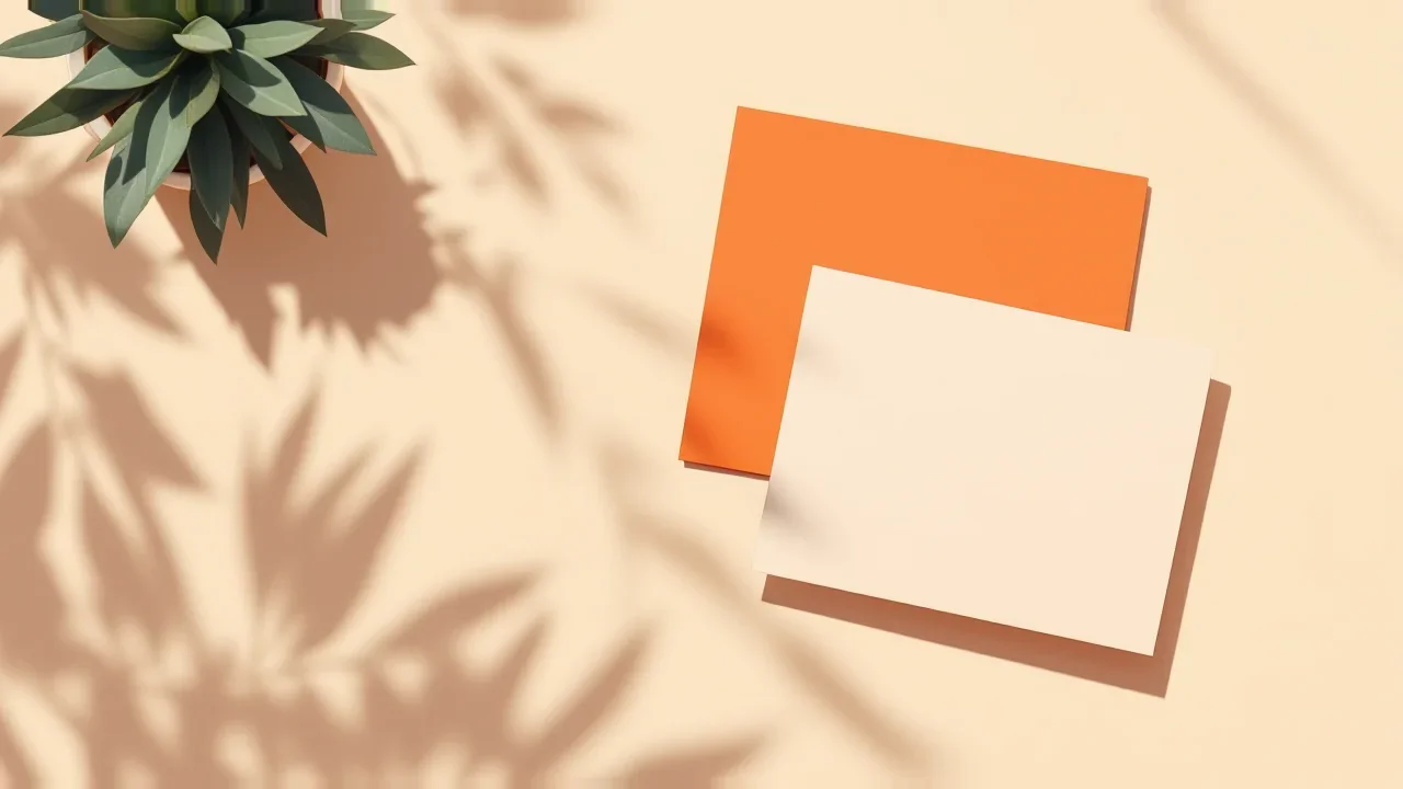 Illustration éditoriale : une fiche corail et une fiche neutre posées en léger décalage sur un bureau clair, une petite plante en haut à gauche, sous une lumière chaude et douce
