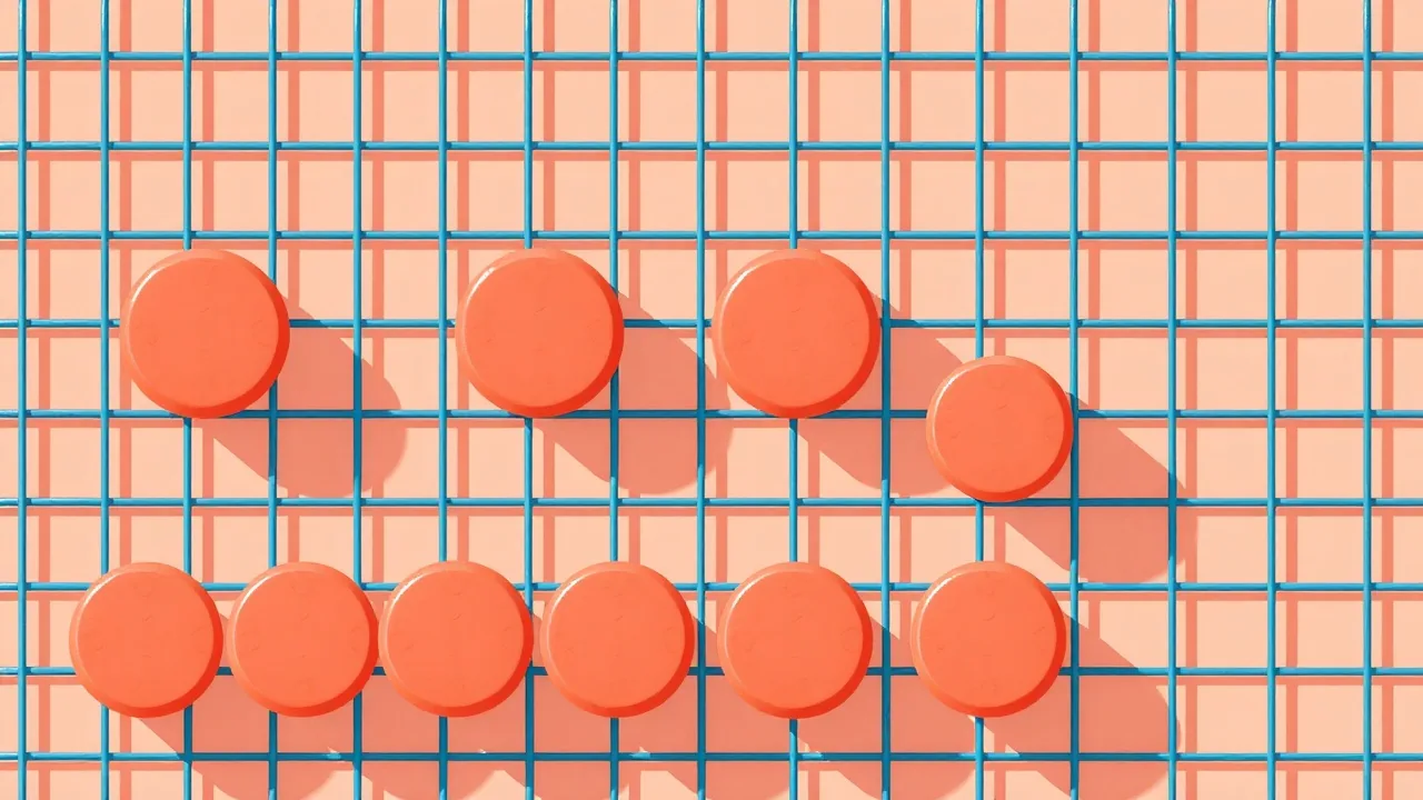 Illustration éditoriale : cinq jetons corail alignés sur une grille tracée en bleu lagon, dont un jeton légèrement décalé du reste de la rangée