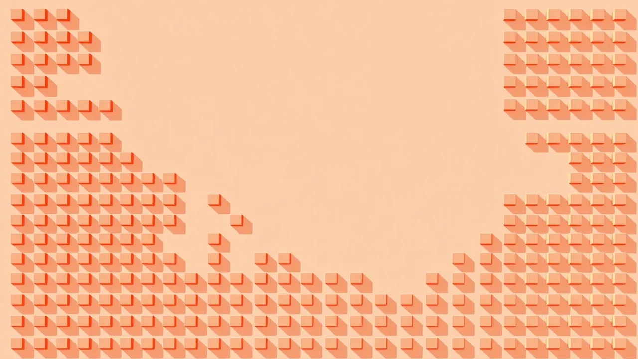 Illustration éditoriale abstraite : une grille de petits blocs corail de tailles variées, disposés en rangées régulières sur un fond crème, avec un liseré bleu lagon