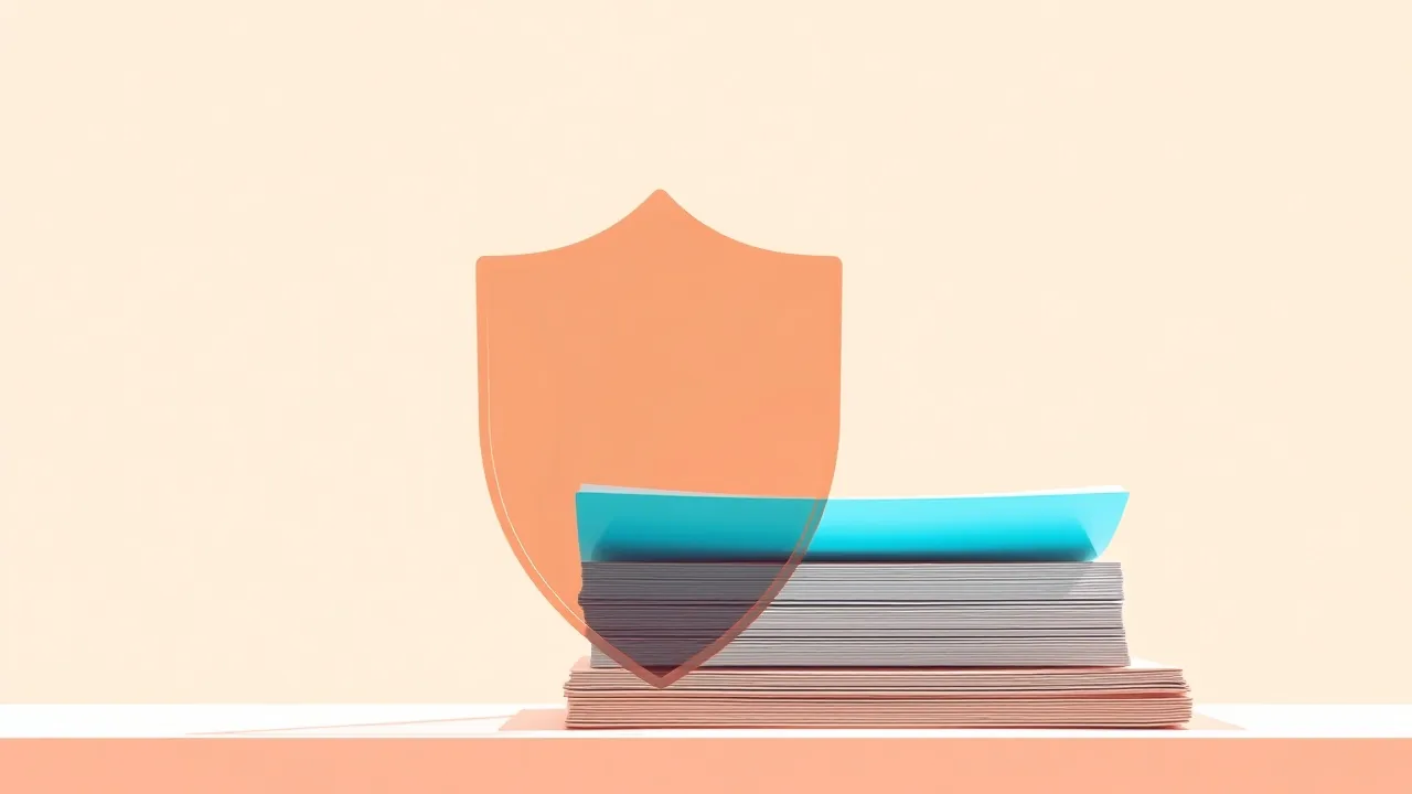 Illustration éditoriale : un bouclier corail translucide posé devant une pile de documents neutres, avec un reflet bleu lagon