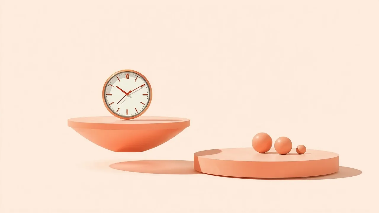 Illustration éditoriale : une balance corail épurée, un cadran d'horloge abstrait sur un plateau, quelques jetons ronds sur l'autre, fond clair et lumineux