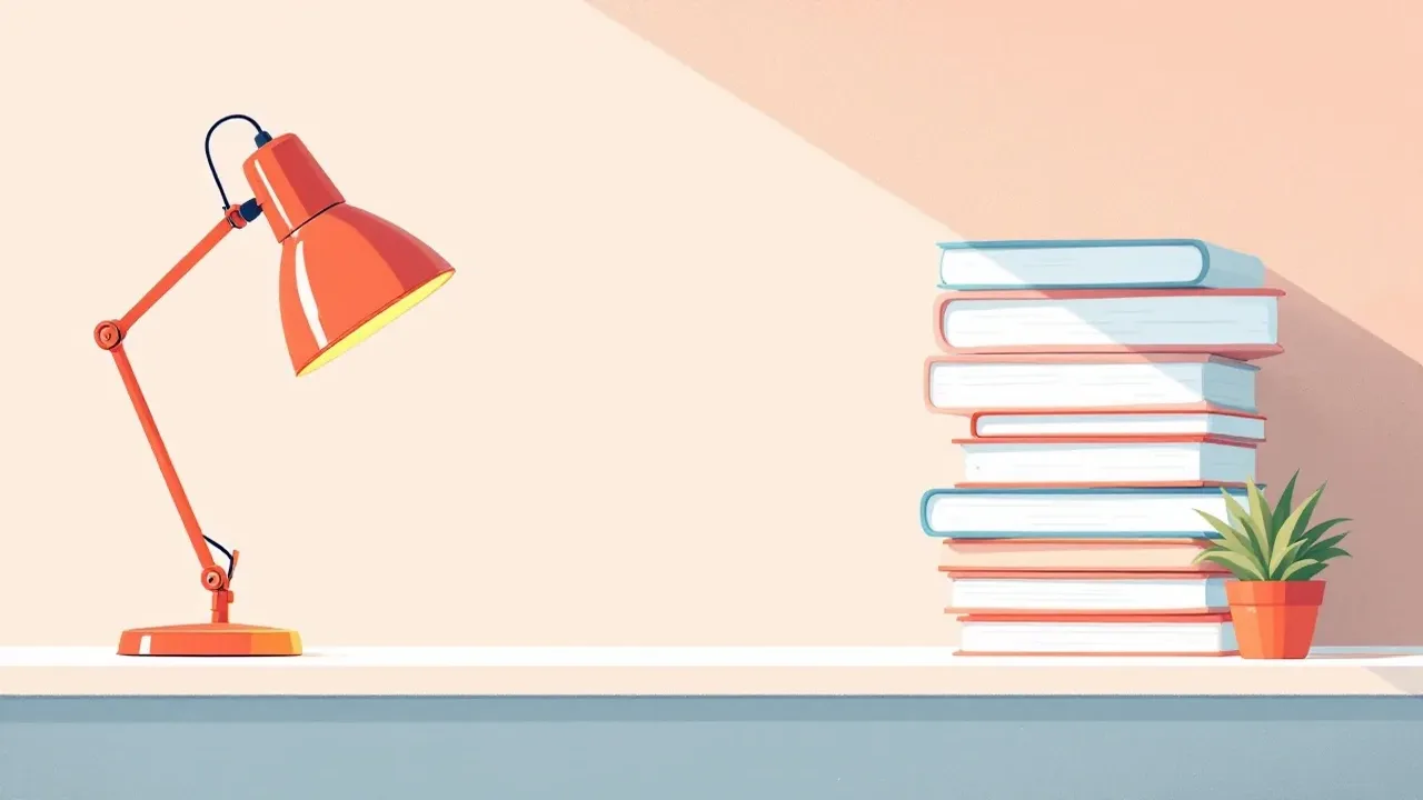 Illustration éditoriale : une lampe corail allumée sous un bureau, cachée derrière une pile de dossiers pâles