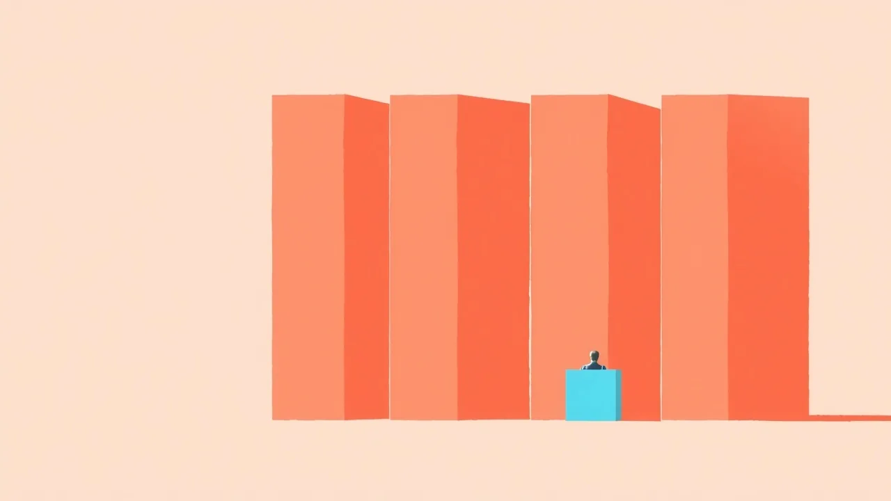 Illustration éditoriale abstraite : huit blocs corail de tailles inégales rangés en colonne, dont un bloc surligné en bleu lagon relié à une petite silhouette de dossier